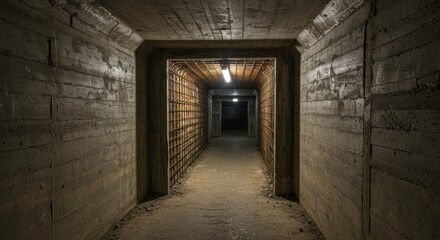 Tunnel Perspective: A dimly lit concrete tunnel with strong perspective, creating a sense of depth and mystery. The textures of the walls and the subtle light create an atmosphere of intrigue.