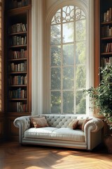 Cozy reading nook with elegant white leather sofa, decorative pillows, large arched window letting in natural daylight, surrounded by tall wooden bookshelves filled with books and a leafy green plant