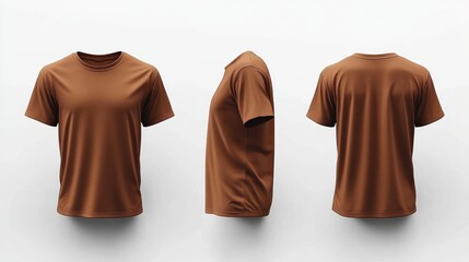 Three views of a plain brown short-sleeve t-shirt displayed from front, side, and back against a white background