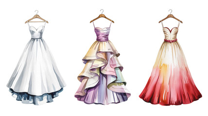 Obraz premium Three watercolor dresses hanging on wooden hangers, wedding dress set, dress for women