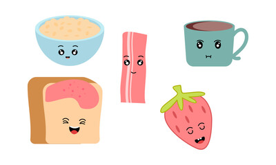 Breakfast Food Kawaii Doodle Set Vector Illustration