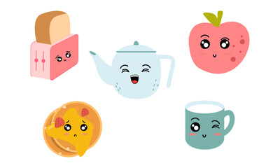 Breakfast Food Kawaii Doodle Set Vector Illustration