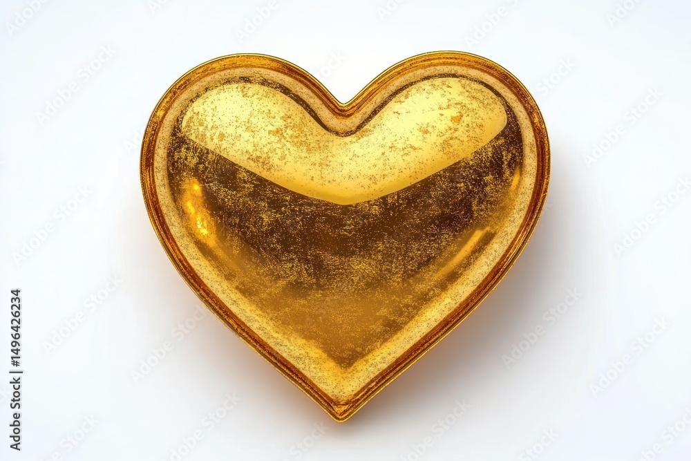 Poster shiny golden heart-shaped object with reflective and textured surface on white background
