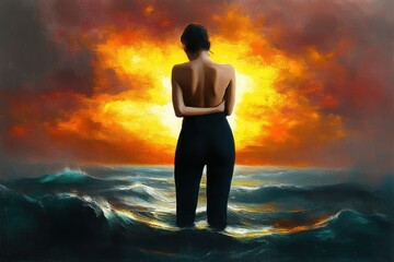 Obraz premium a solitary figure standing waist-deep in turbulent water facing a fiery, glowing sunset with dramatic clouds, evoking a sense of solitude and contemplation