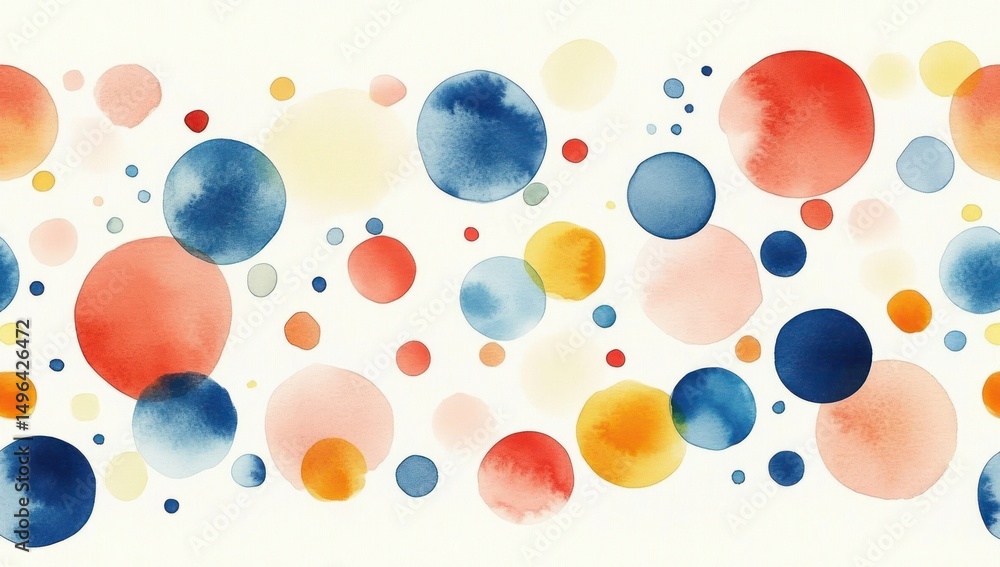Poster colorful watercolor abstract circles scattered on white background in various sizes with soft and bl