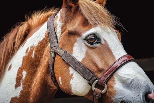 Close-up of a brown and white horse with a leather halter against a dark background showing detailed facial features and calm expression