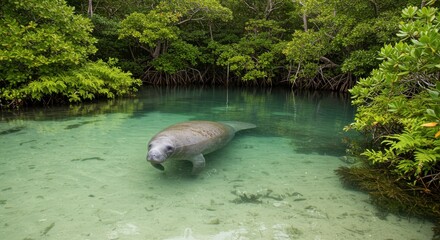 Gentle Manatee in Crystal Waters: A serene manatee glides gracefully through translucent, turquoise waters, embraced by a lush tropical setting, showcasing nature's tranquility.