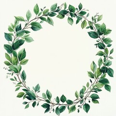 Circular wreath made of green leaves and branches creating a natural frame on a white background