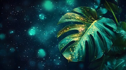 Deep teal tropical leaf with golden highlights against a dark background.