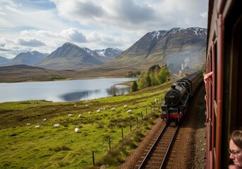 Scenic Train Journey: A picturesque train journey offers a stunning view, featuring the majestic mountain landscape and serene lake.