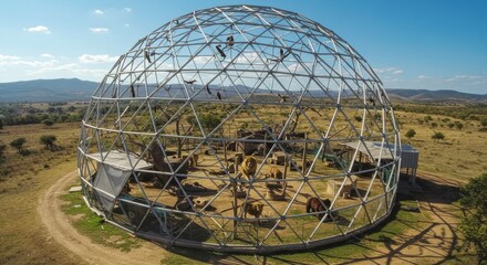Modern Architecture: A unique geometric structure stands prominently, a striking fusion of design and environment in the daytime, its captivating presence a beacon of innovation. 