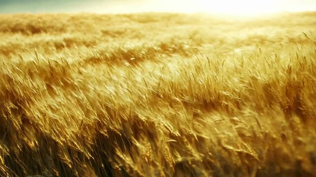 Golden wheat field swaying gently in a summer breeze, bathed in warm sunlight