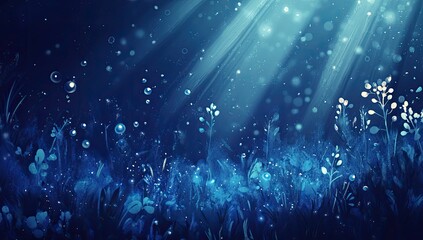 Underwater Shimmering light filters through water, illuminating plants and bubbles below
