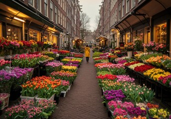 Floral Street in Amsterdam: A vibrant street scene in Amsterdam showcasing an array of colorful flowers displayed at a market.