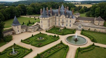Majestic Chateau's Grandeur: Aerial view of a stately French chateau, embodying the elegance of a classical era, framed by meticulously manicured gardens and fountains.