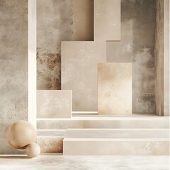 Minimalist beige geometric architectural interior scene.