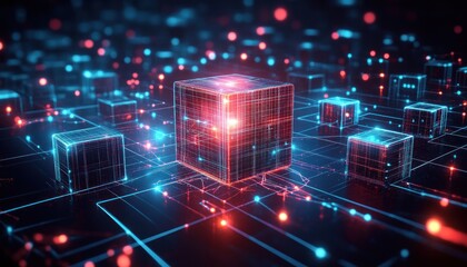 Futuristic digital network with glowing interconnected cubes emitting red and blue light on a dark background representing advanced technology and data flow