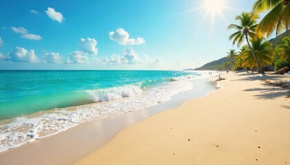 Sun-drenched beach scene with gently rolling waves, a summer sky, and soft golden sand Perfect for travel, vacation, and summer-themed projects , relaxation, natural, serene
