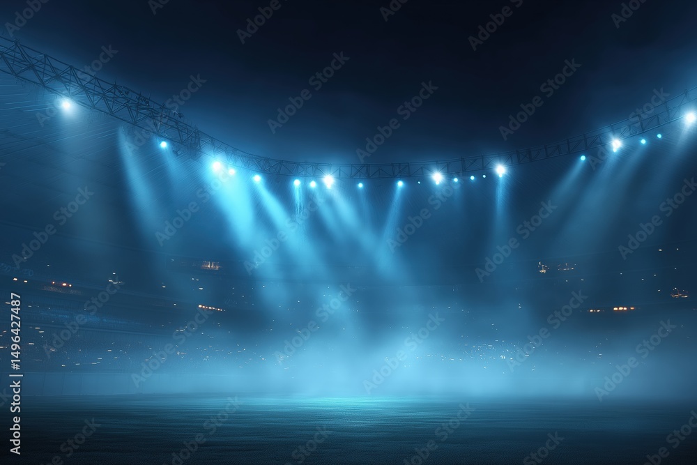 Aufkleber powerful spotlights illuminating empty foggy stadium field at night, creating dramatic atmosphere fo
