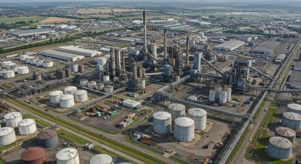 Aerial View of Industrial Complex: An expansive industrial complex, a testament to human innovation, comprises imposing structures, storage tanks, and interconnected infrastructure.