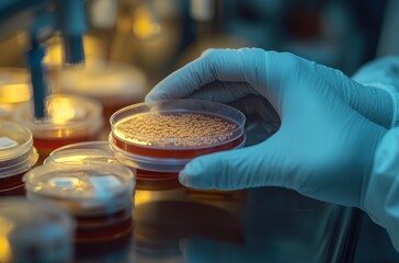 Gloved hand holding a petri dish with yellow bacterial colonies in laboratory setting under warm light