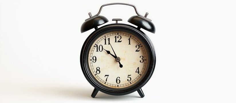 Vintage black alarm clock showing the time at ten minutes to six on a plain white background