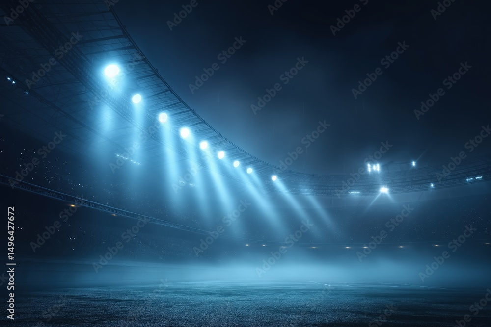 Poster powerful stadium lights illuminate an empty foggy football field at night, creating a dramatic and a