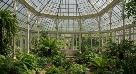 Elegant Conservatory: A breathtaking glass conservatory filled with lush, thriving plants and intricate architectural details, creating a serene and captivating atmosphere.