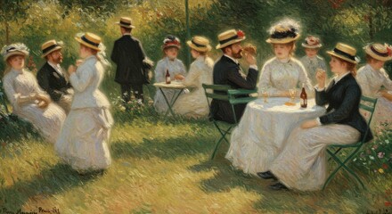 Elegant Garden Gathering: A picturesque scene of a group of people in a sunny garden. Capturing the joy of outdoor interaction with exquisite detail.