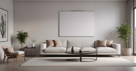 Modern minimalist living room, poster mockup on clips,  display,  sofa,  home