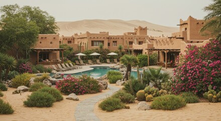 Desert Oasis: A serene resort nestled amidst the desert landscape, featuring a refreshing pool and lush gardens that offer a stark contrast to the arid surroundings. Captured in a realistic style.