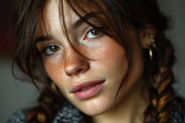 Moody portrait of a young woman with freckles and braided hair