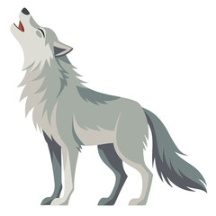 A light-colored wolf stands in profile with its head raised, howling  a white background.
