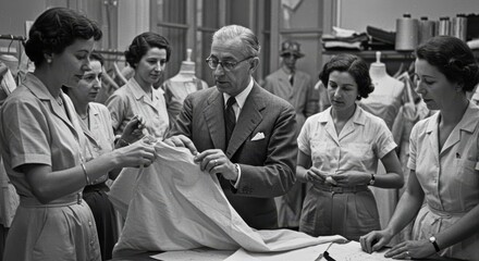 Vintage Fashion Atelier: A skilled atelier of the past diligently reviews fabric and design, capturing the essence of craftsmanship and sartorial legacy.