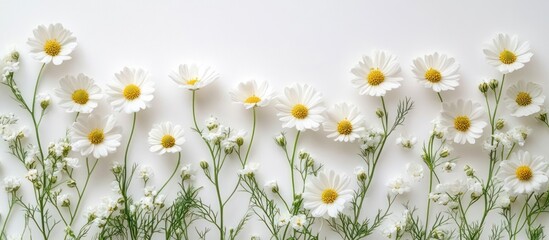 Delicate white daisies and small white flowers with green stems arranged against a clean white background conveying simplicity and freshness