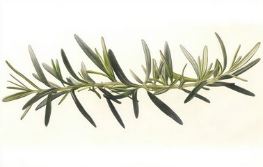 Fototapeta premium A detailed illustration of a single green rosemary branch with needle-like leaves on a light background, showcasing natural texture and subtle shading