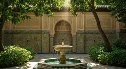 Serene Courtyard Oasis: A meticulously crafted stone fountain and lush greenery form a tranquil courtyard in a historic landmark, capturing an authentic architectural design with inviting ambiance.