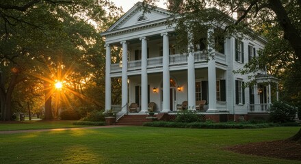 Architectural Grandeur: A breathtaking image of a stately, historic building, bathed in the golden light of a setting sun, showcases timeless beauty and meticulous craftsmanship.