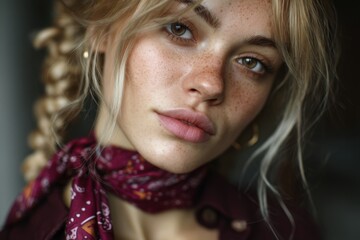 Close-up portrait of woman with braided blonde hair and natural makeup