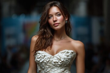 Portrait of a young woman in a white embroidered strapless dress standing in an urban environment