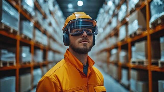 Warehouse worker in protective gear using augmented reality headset