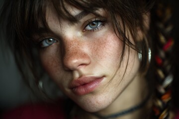 Close-up portrait of a woman with freckles and braids wearing a red scarf