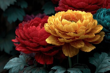 Macro shot of a blooming red and yellow dahlia flower with green leaves