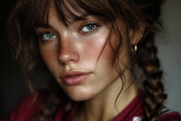 Close-up of a young woman with braids and blue eyes looking directly at the camera