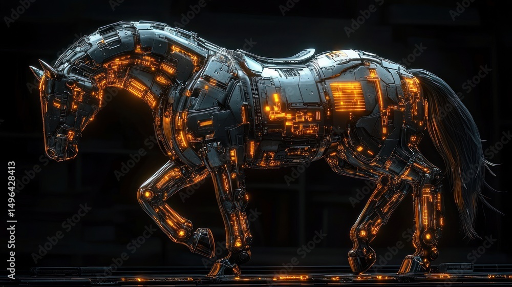Poster futuristic robotic horse illuminated with glowing orange circuits standing in a dark environment, sh