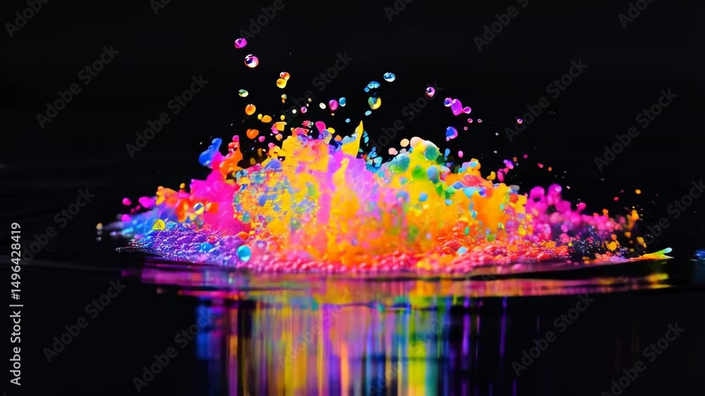 Poster vibrant colorful explosion of liquids hitting surface with reflections against black backdrop creati