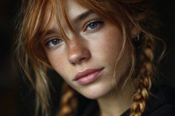Portrait of a girl with braided hair and orange sweater in soft lighting