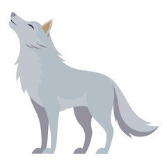 A light-colored wolf stands in profile with its head raised, howling  a white background.
