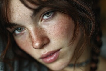 Close-up of a freckled woman with glossy skin and light brown hair looking forward