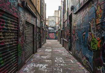 Graffiti Alleyway: An urban exploration into a narrow alley, its walls and surroundings are awash in vibrant graffiti, hinting at a tale of modern street art